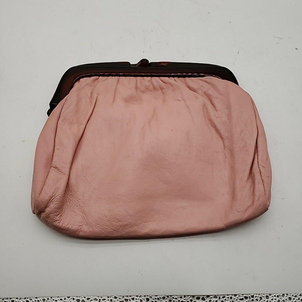 Vintage Leather Clutch Bag Womens Small Pink Made In Italy Lined Tortoise Frame